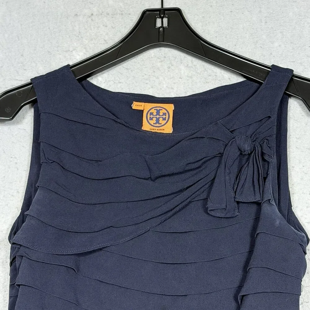 Tory Burch Waltraud Silk Tiered Bow Top Women’s Size 6 Navy Blue Sleeveless